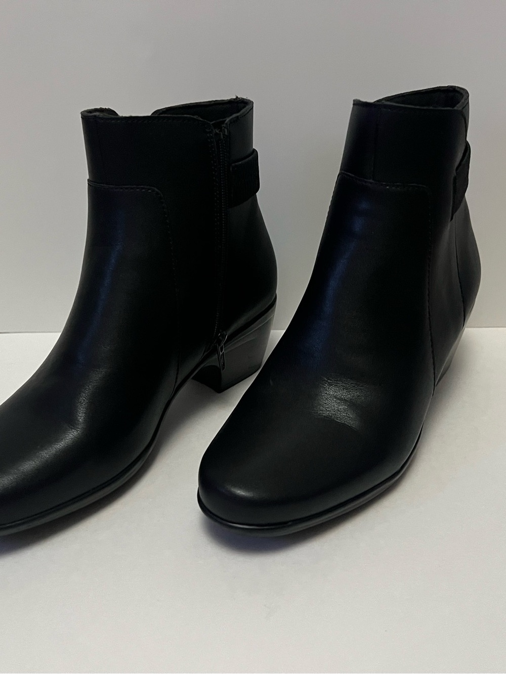 Clarks Emily 2 Holly Black Leather Zip-Closure Ankle Booties with Low Heel